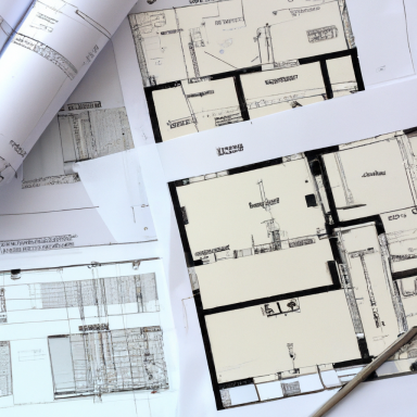 dossier de travaux Plans et schémas architecturaux sur une table, avec un crayon à côté.