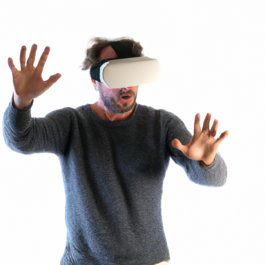 réalité virtuelle Homme portant un casque de réalité virtuelle, les mains levées, exprimant de l'étonnement.