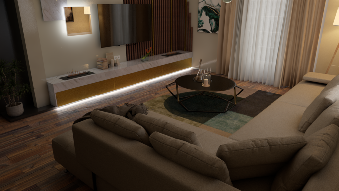 photo réalisme Salon moderne avec canapé, table basse et décoration murale, éclairage doux.